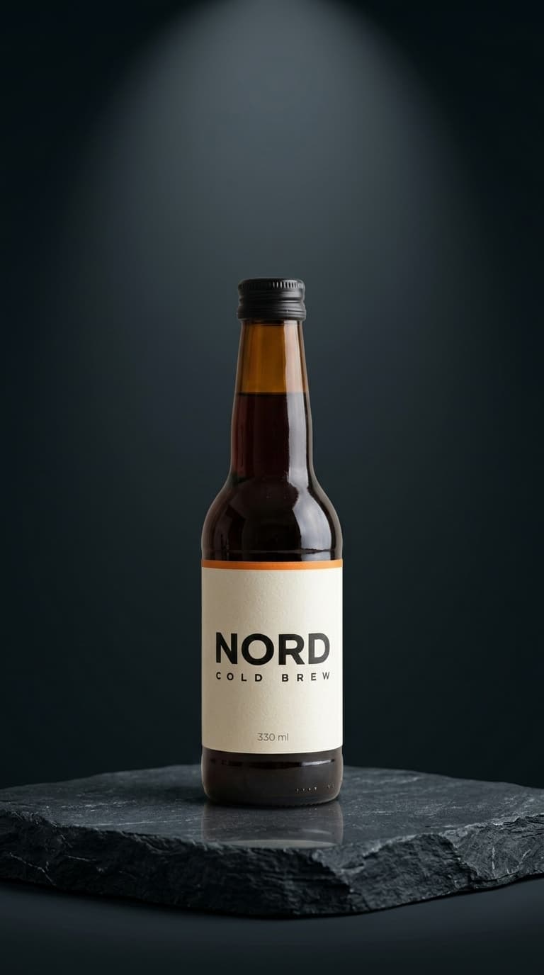 The same bottle on a stone pedestal in a dark studio